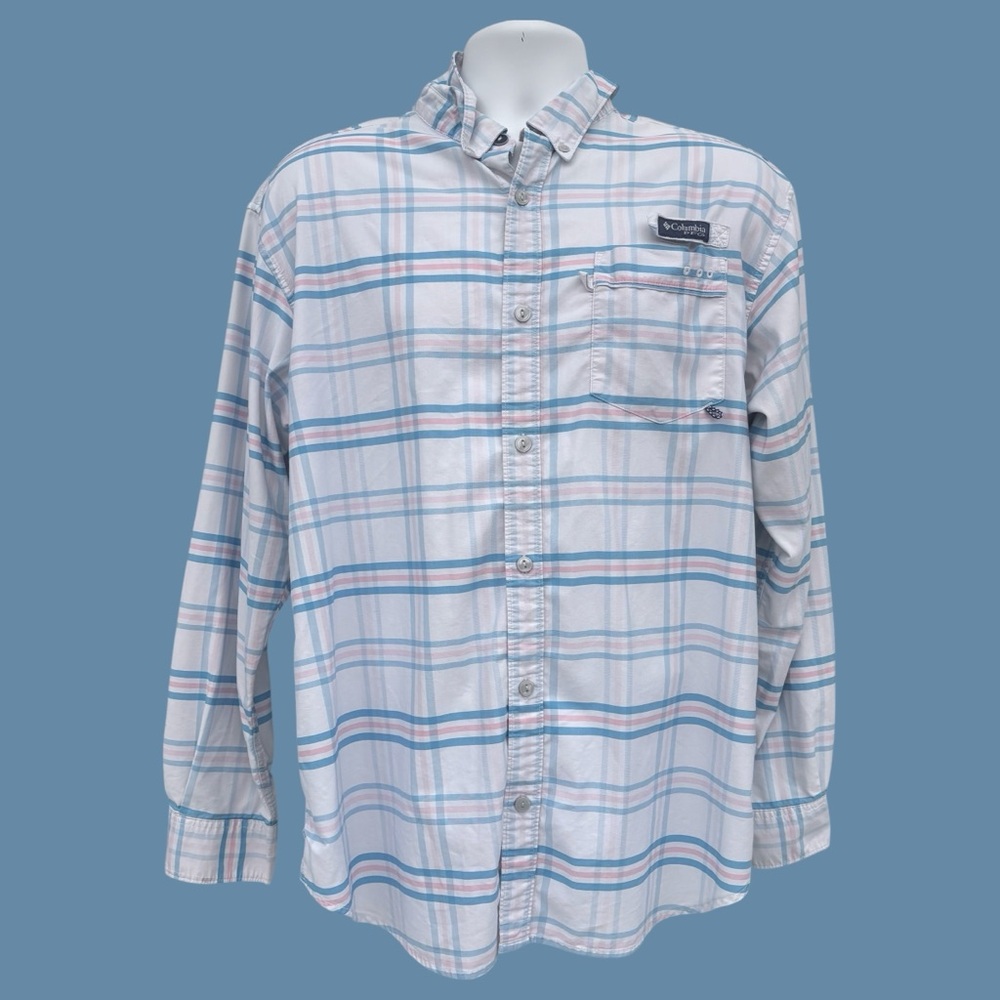 Columbia PFG Blue Pink Plaid Gender Reveal Long Sleeve Fishing Shirt Size Large